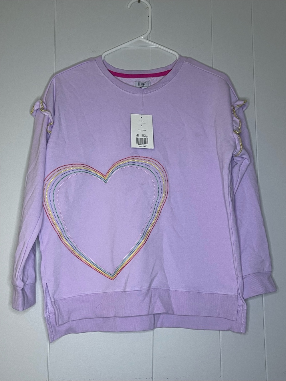 crown & ivy Lilac Heart Pullover Sweatshirt with Rainbow Stitch
